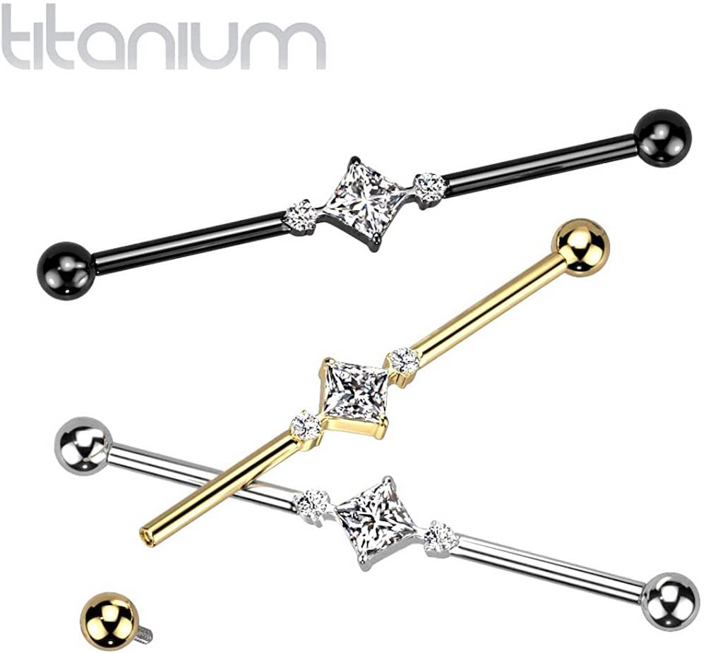 Covet Jewelry Titanium Internally Threaded Industrial Barbell With 2 Round CZ and Square Center (Gold/Clear)