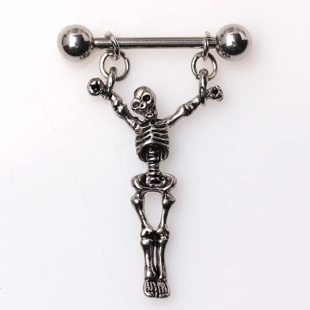 Pierced Owl 14GA 316L Stainless Steel Skeleton Dangling Nipple Barbells, Sold as a Pair