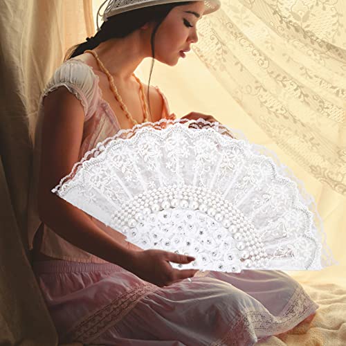 DECHOUS Lace Folding Fan Retro Folding Fan Folding Silk Fan Folding Fan Handheld Oriental Folding Fan Chinese Dance Fan Japan Foldable Fan Lunar New Year Hand Fan Large China Bride White