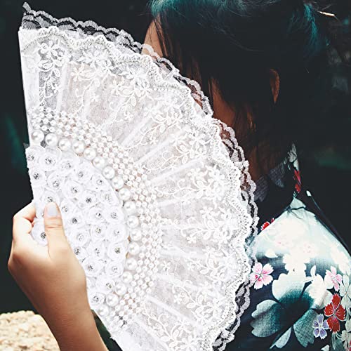 DECHOUS Lace Folding Fan Retro Folding Fan Folding Silk Fan Folding Fan Handheld Oriental Folding Fan Chinese Dance Fan Japan Foldable Fan Lunar New Year Hand Fan Large China Bride White