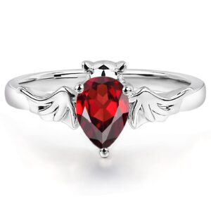 LUO S925 Sterling Silver 1.01 ct Garnet Ring Pear Shaped Unique Vampire Bat Ring Animal Promise Ring Statement Ring Gifts for Women US Size 8.5