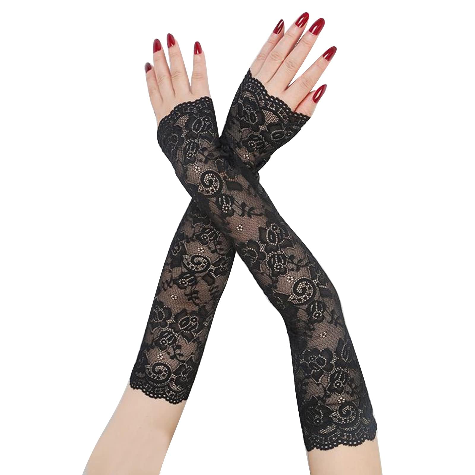 UV Protection Lace Arm Sleeves, Women's Floral Lace Sleeves Hollow Out Long Sunscreen Gloves Fingerless Driving Gloves (Black)