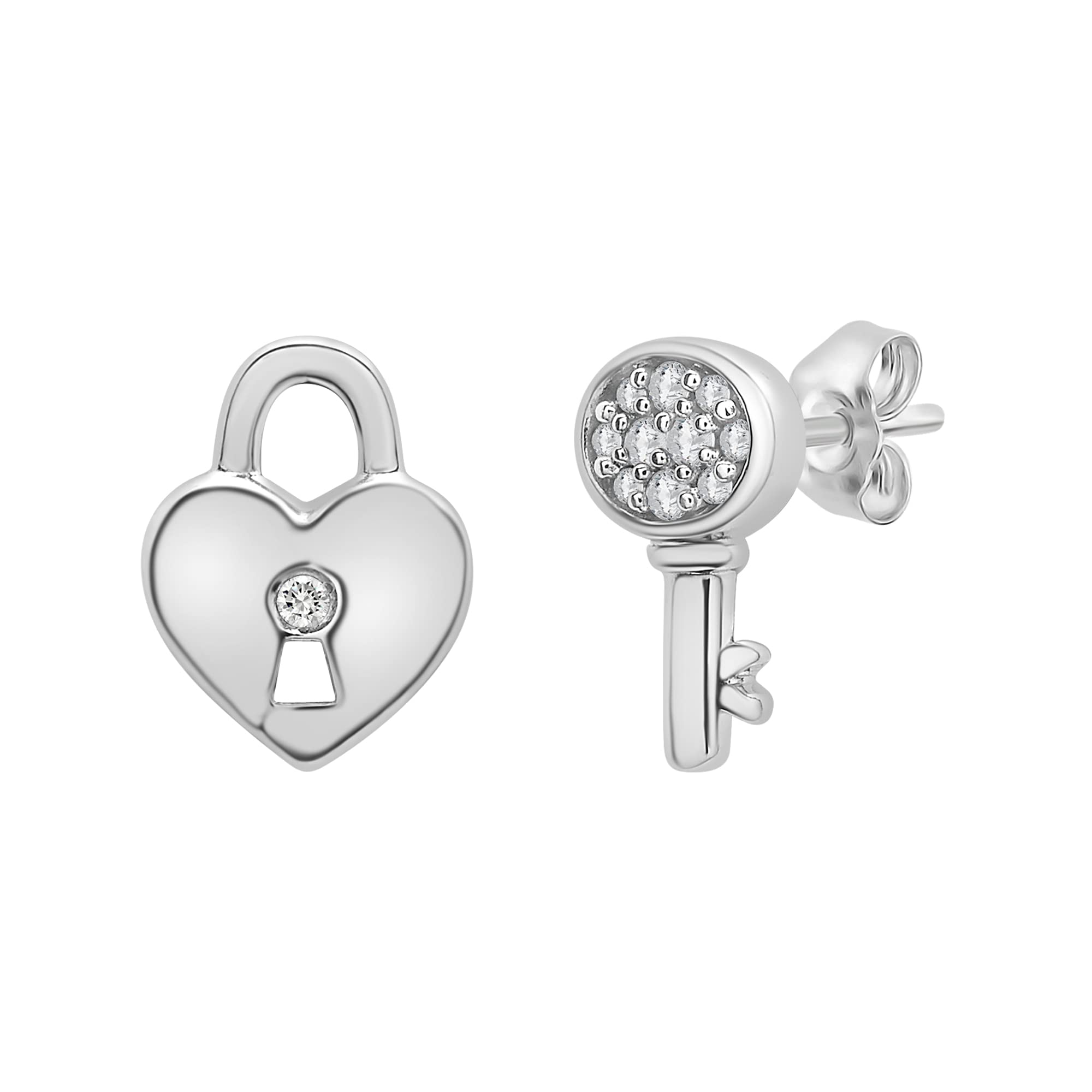 Timeless Love Diamond Accent Mismatched Earrings Set in Polished Sterling Silver, Heart & Key Shaped 0.39x0.20 Earrings with 0.05CT Round Diamond, Dainty Jewelry for Women, Women’s Fashion Earrings