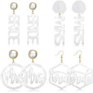 4 Pairs Bride and Mrs Earrings Set Mrs Bride Letter Dangle Earring Acrylic Wedding Earrings for Brides Handmade Bridal Earrings Fun Statement Earrings for Women Bridesmaid Party Gift Accessories