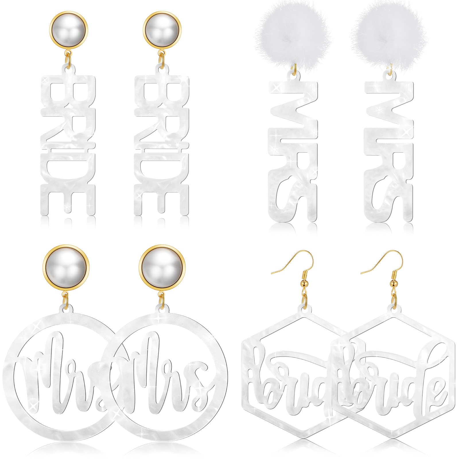 4 Pairs Bride and Mrs Earrings Set Mrs Bride Letter Dangle Earring Acrylic Wedding Earrings for Brides Handmade Bridal Earrings Fun Statement Earrings for Women Bridesmaid Party Gift Accessories