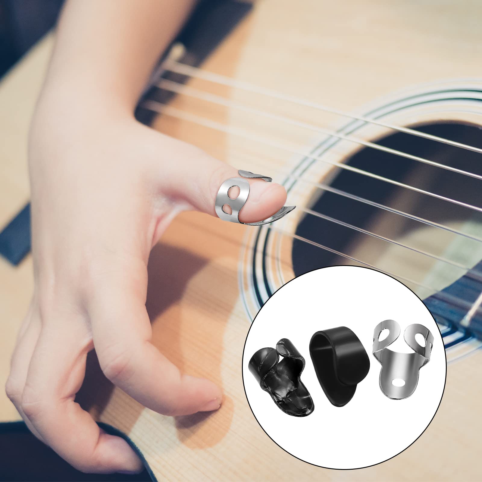 15 Pieces Banjo Guitar Picks Ring Thumb Finger Picks Alaska Open Design Finger Pick Stainless Steel Finger Picks Adjustable Plectrum Thumb Middle Finger for Acoustic Guitar Banjo Bass(Black, Silver)