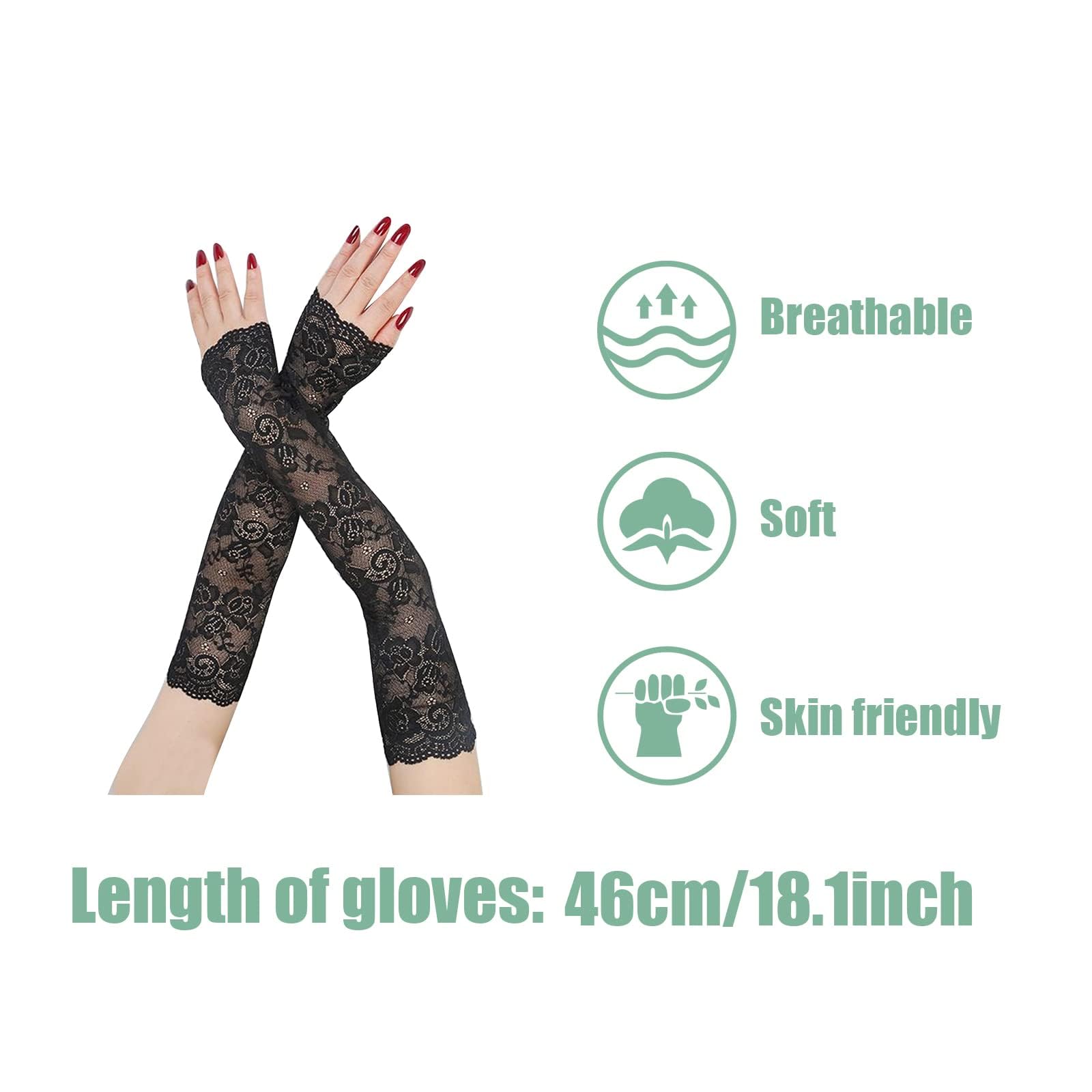 UV Protection Lace Arm Sleeves, Women's Floral Lace Sleeves Hollow Out Long Sunscreen Gloves Fingerless Driving Gloves (Black)