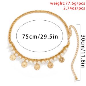 Pearl Tassel Belly Chain Retro Gold Coin Adjustable Chunky Body Chains Layered Nightclub Waist Chain Jewelry for Women & Girls, One size