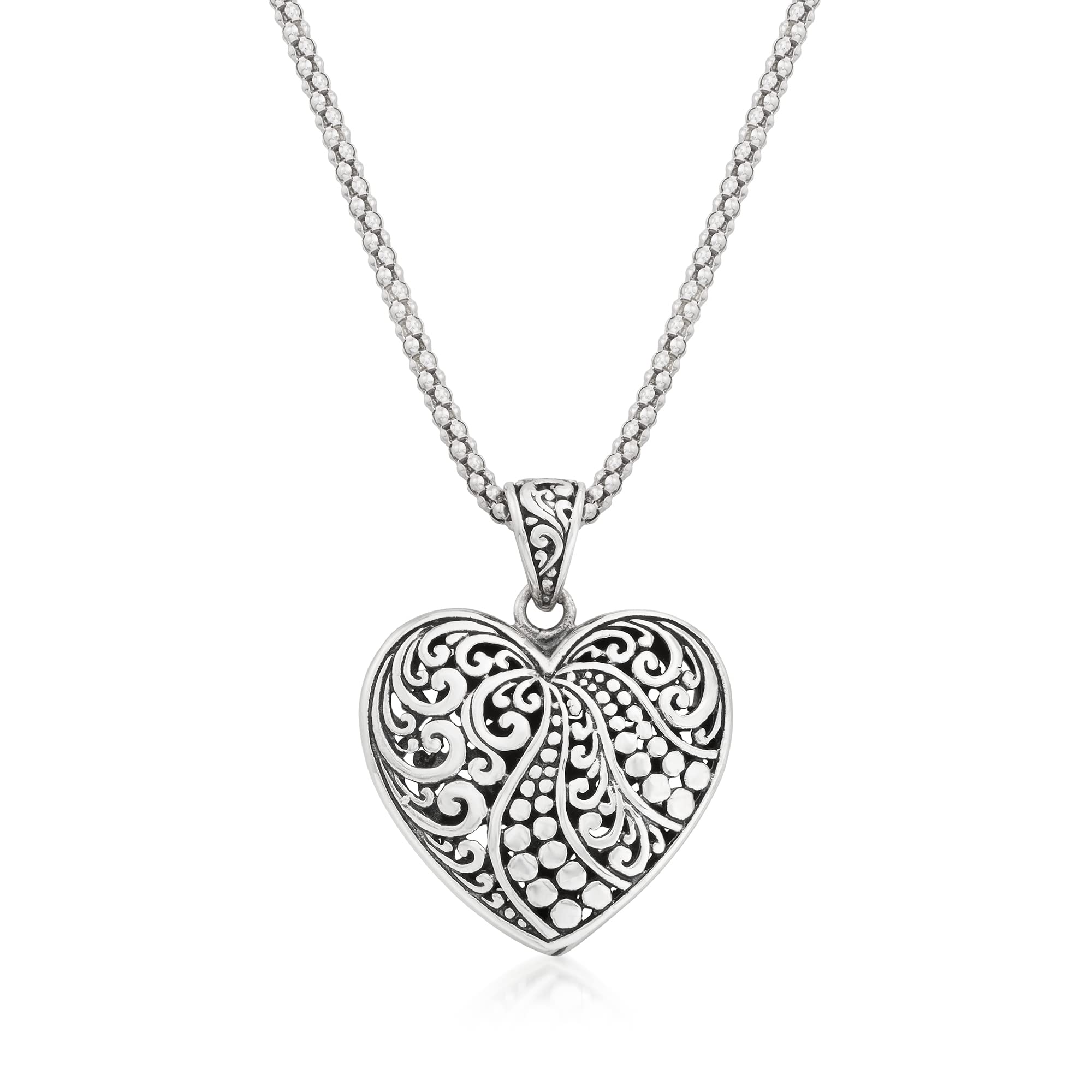 Ross-Simons Sterling Silver Bali-Style Heart Pendant Necklace. 18 inches