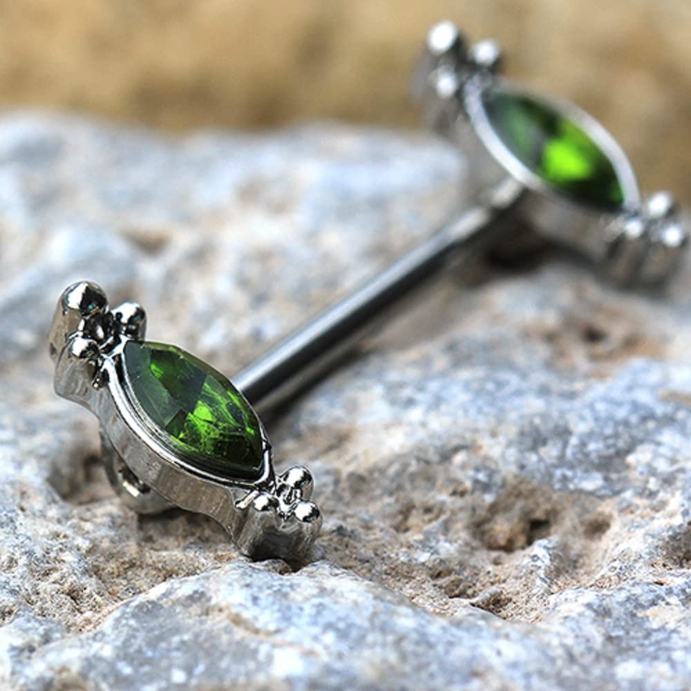 Pierced Owl 14GA 316L Stainless Steel Green Ornate CZ Crystal Nipple Barbells, Sold as a Pair