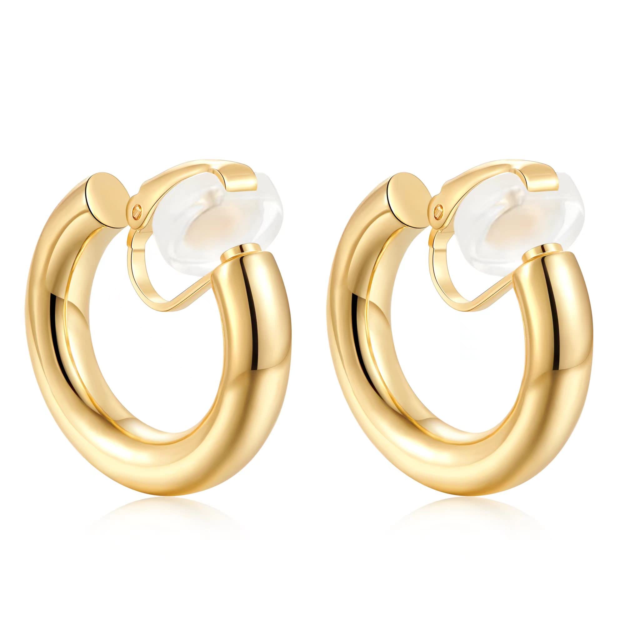 HESSAWELL Gold Hoop Clip-on Earrings Gold Tube Hoop Earrings chunky Hoops Earrings for Women Fashion Jewelry