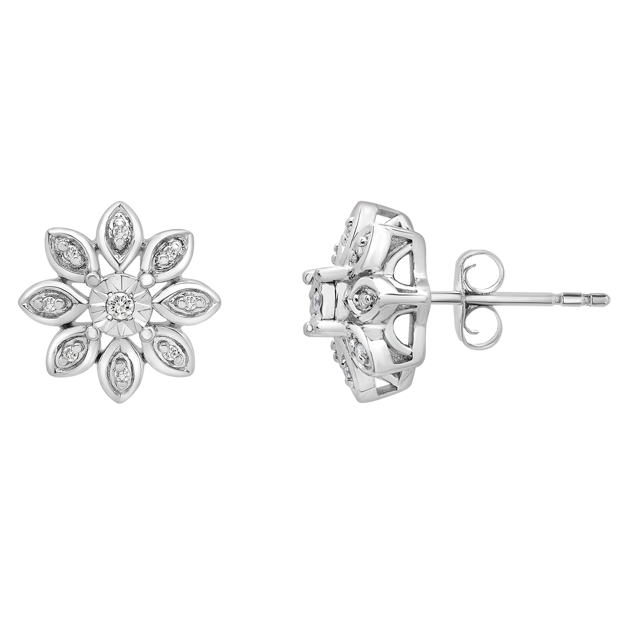 Timeless Love 1/10 CT Diamond Stud Earrings Set in Polished Sterling Silver, Flower Shaped 0.34"x0.32" Earrings, Dainty Jewelry for Women, Women’s Fashion Earrings