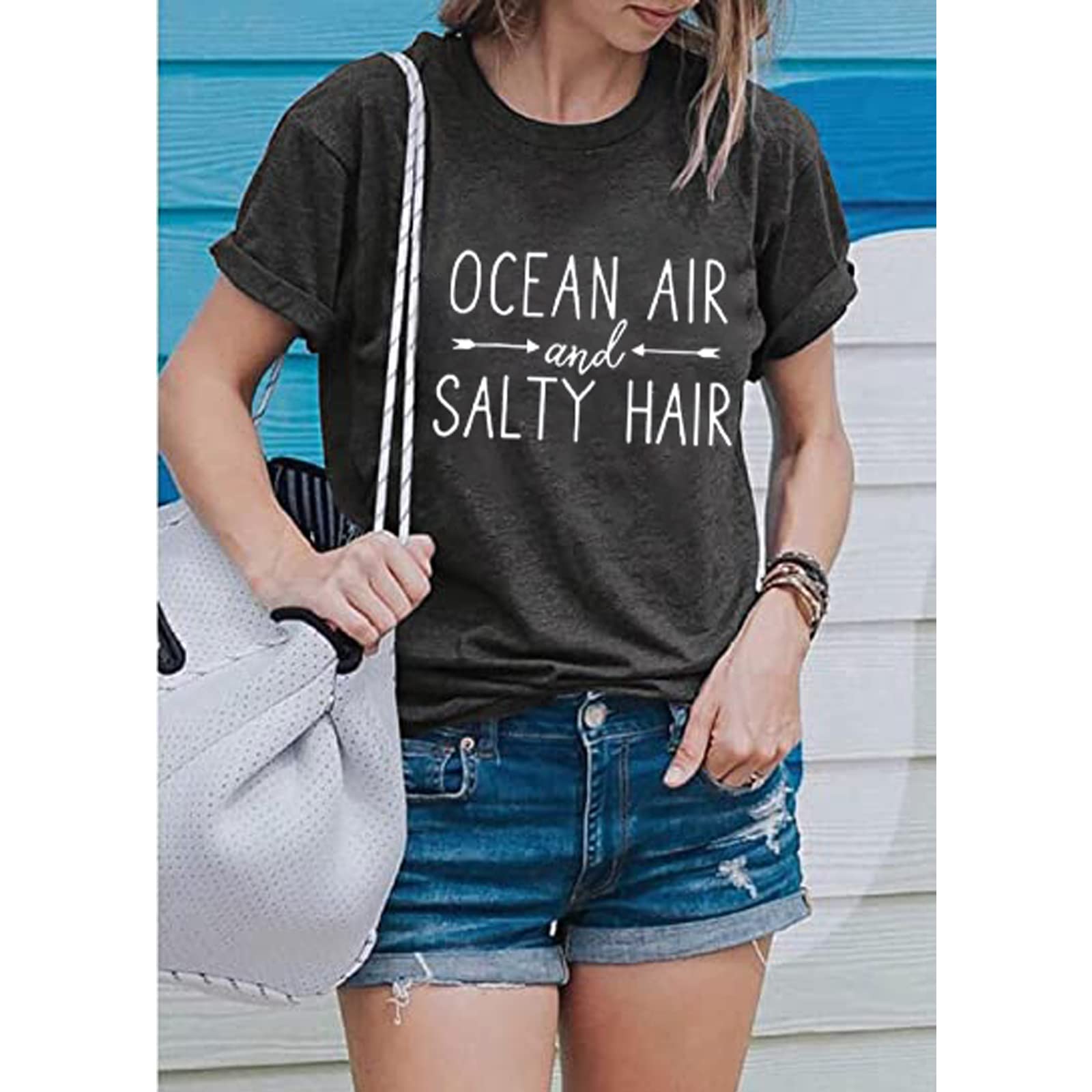 Ocean Air and Salty Hair Womens Graphic T Shirt Causal Short Sleeve Funny Shirt Top Tee Athletic Shirts