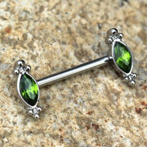 Pierced Owl 14GA 316L Stainless Steel Green Ornate CZ Crystal Nipple Barbells, Sold as a Pair