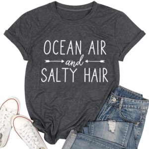 Ocean Air and Salty Hair Womens Graphic T Shirt Causal Short Sleeve Funny Shirt Top Tee Athletic Shirts