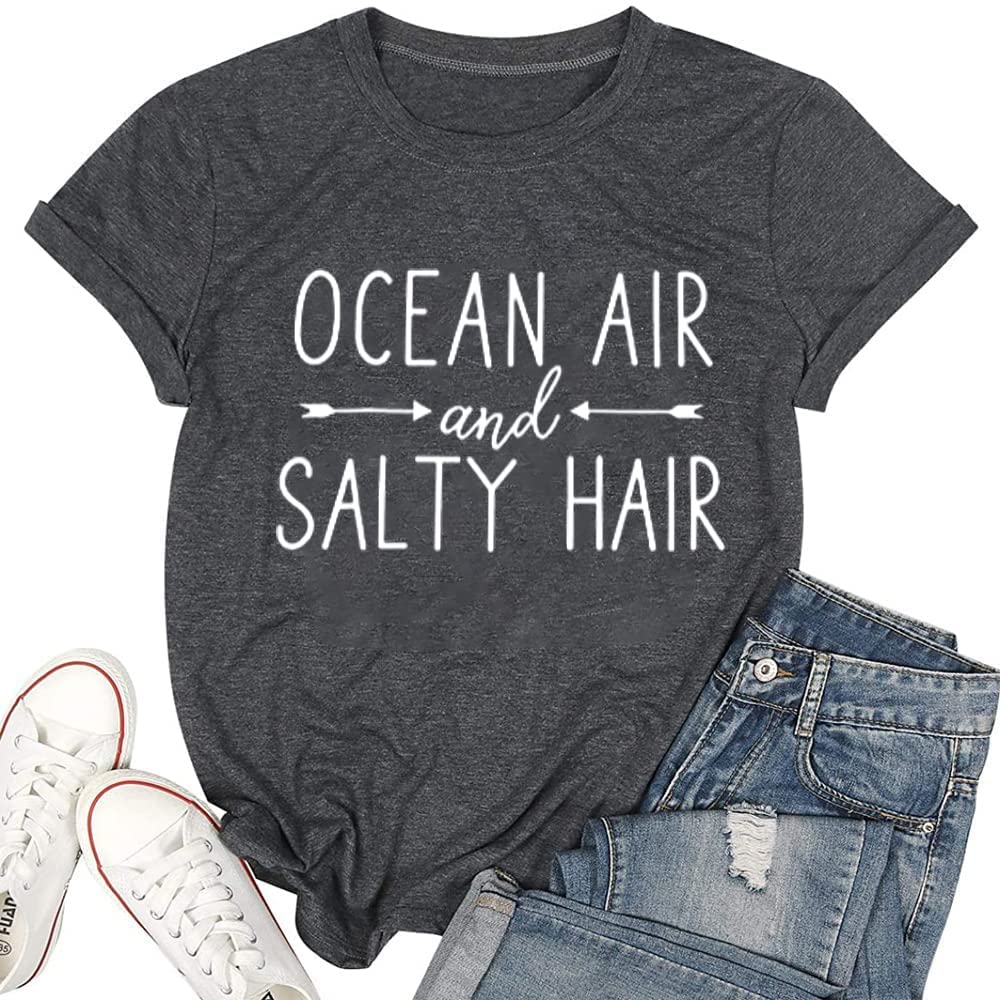 Ocean Air and Salty Hair Womens Graphic T Shirt Causal Short Sleeve Funny Shirt Top Tee Athletic Shirts