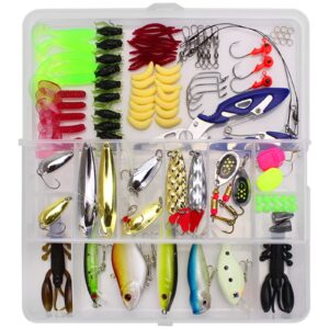 fishing lures kit 101 pcs freshwater bait tackle kit for bass portable fishing accessories tackle box with spoon lures, soft plastic worms, spinnerbaits, jigs, fishing hooks, topwater lures