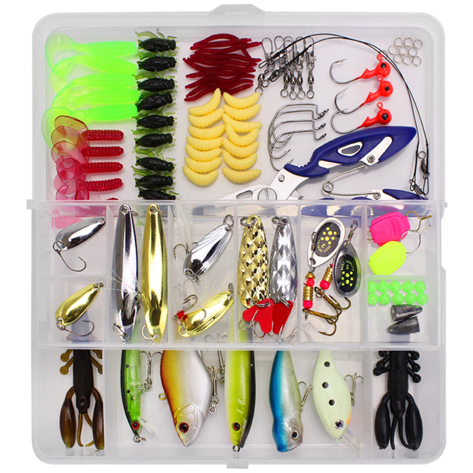 Fishing Lures Kit 101 pcs Freshwater Bait Tackle Kit for Bass Portable Fishing Accessories Tackle Box with Spoon Lures, Soft Plastic Worms, Spinnerbaits, Jigs, Fishing Hooks, Topwater Lures