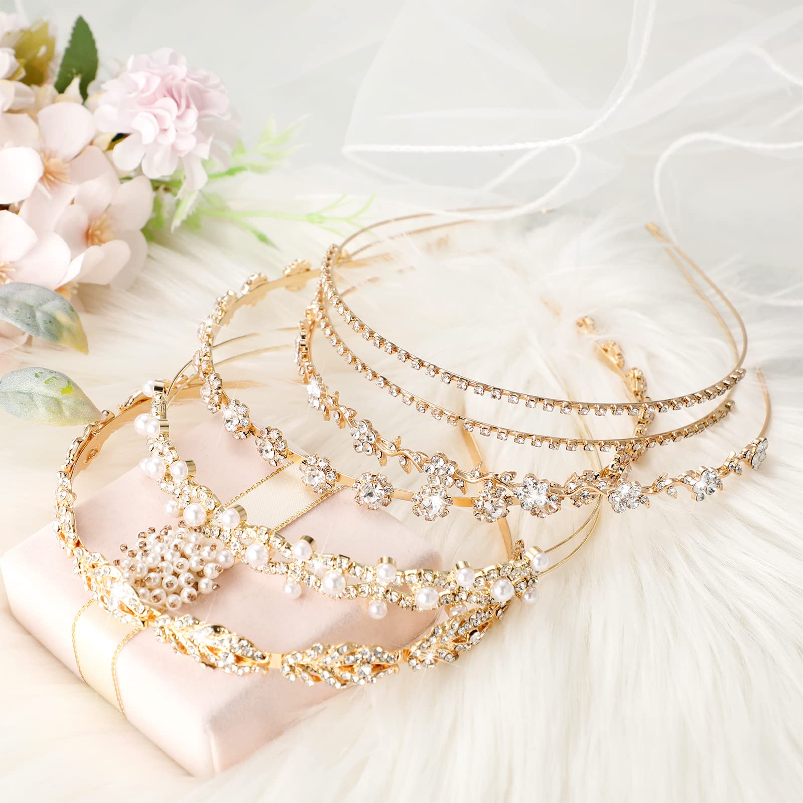 XunYee 5 Pieces Rhinestones Wedding Headbands Flower Leaves Crown Headband Wedding Hair Accessories for Brides Women Party(Gold)