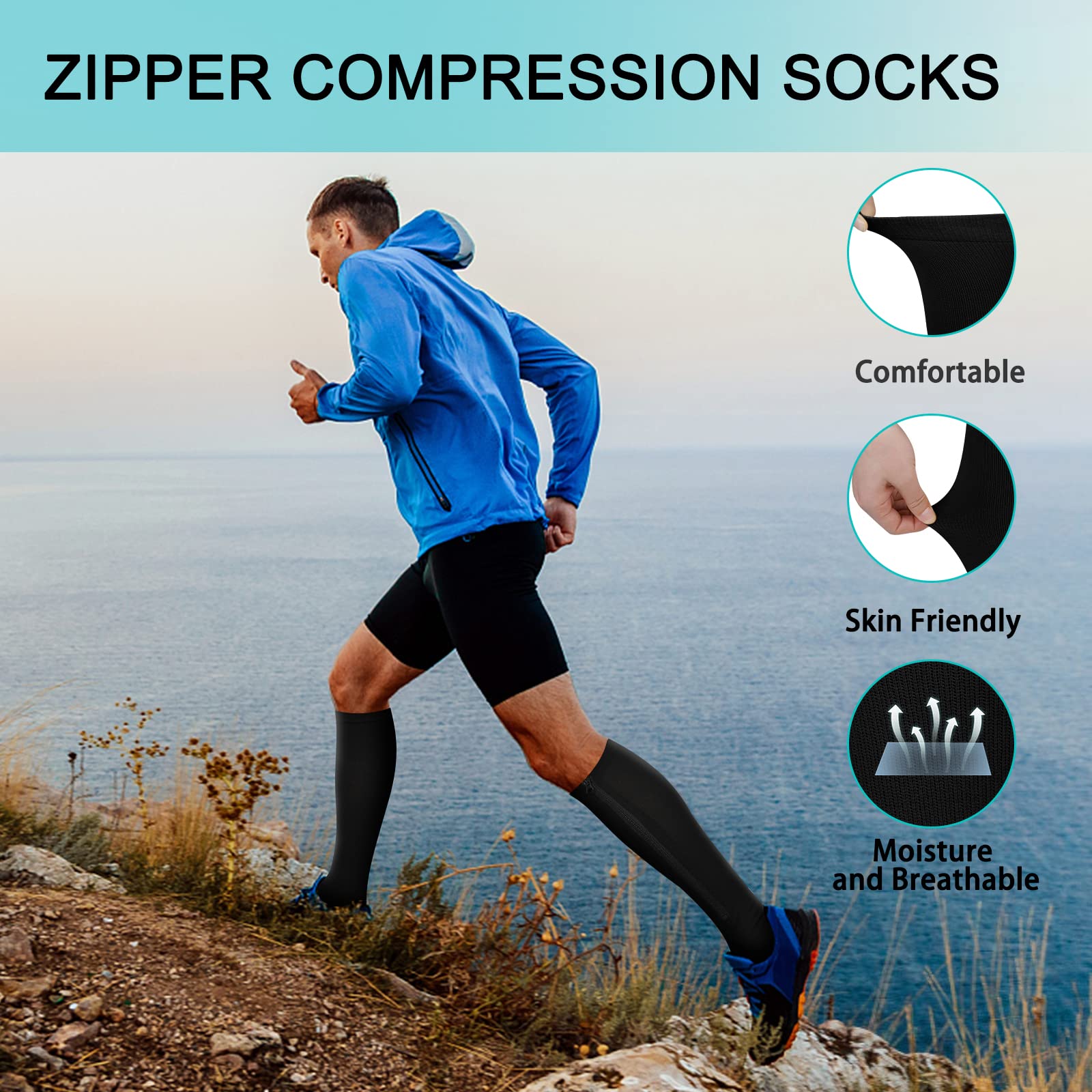 2 Pairs Zipper Compression Socks, 15-20 mmHg Closed Toe Compression Stocking with Zipper for Women and Men