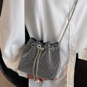 Hyuyikuwol Women Rhinestones Crystal Clutch Drawstring Bucket Bag Mini Evening Bags Crossbody Purses Pearl Party Prom Wedding, Silver