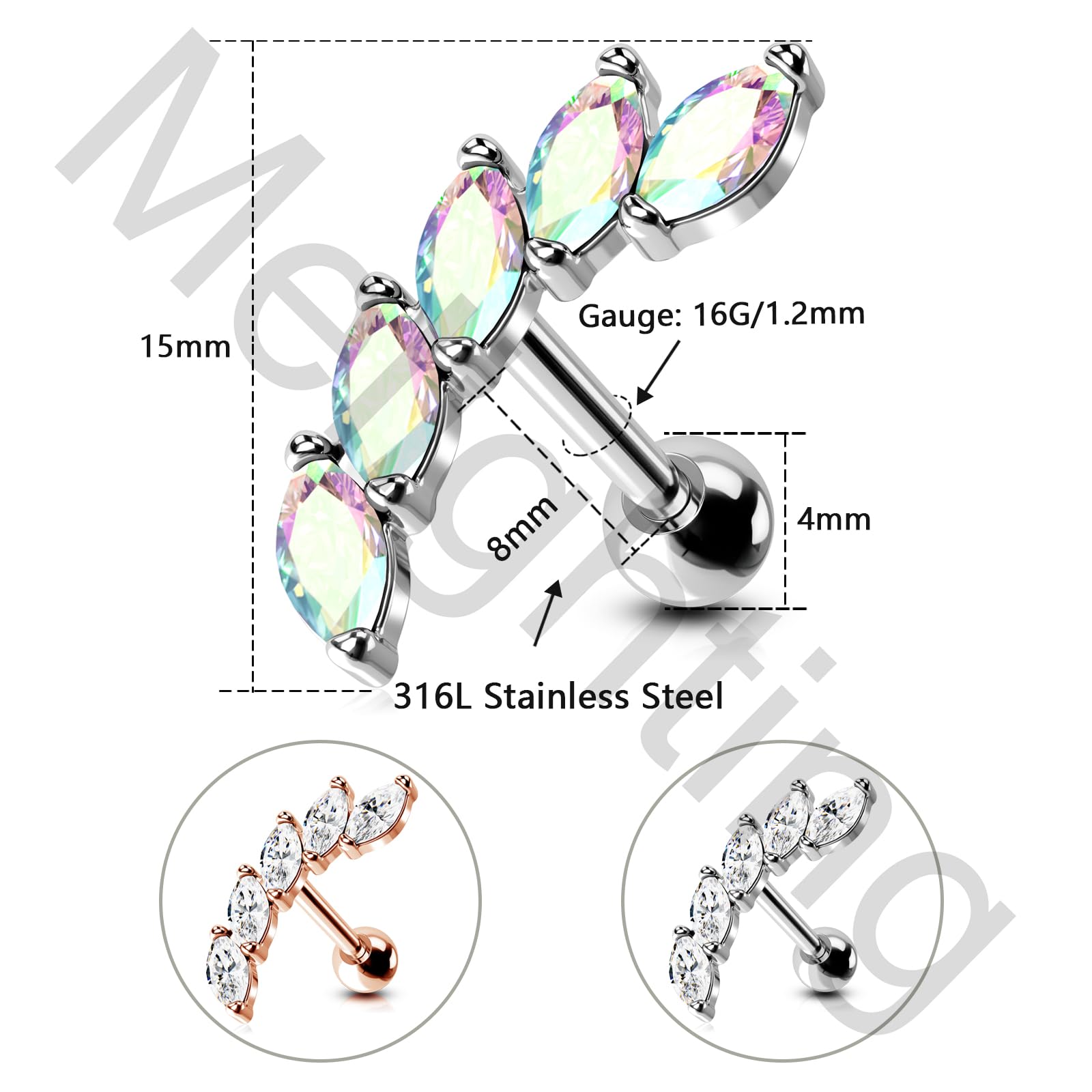 Melighting Helix Earrings 16G Helix Piercing Clear CZ Curved Vine Upper Ear Surgical Steel 316L Cartilage Earrings Tragus Piercing Earrings Studs Women Body Piercing Jewelry