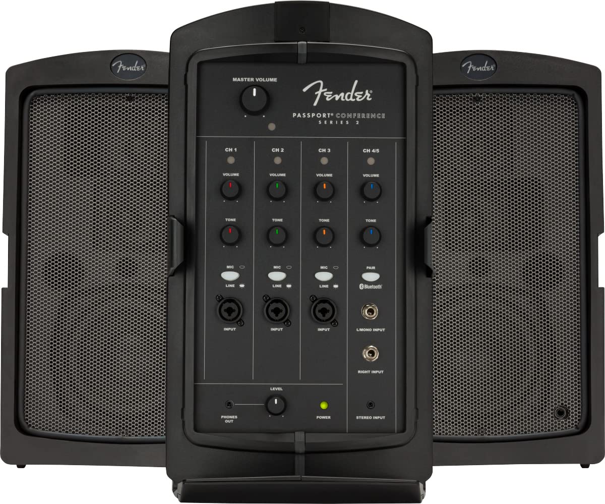 Fender Passport Conference S2 Portable PA System Bundle with Microphone, Compact Speaker Stands, XLR Cable, and Instrument Cable