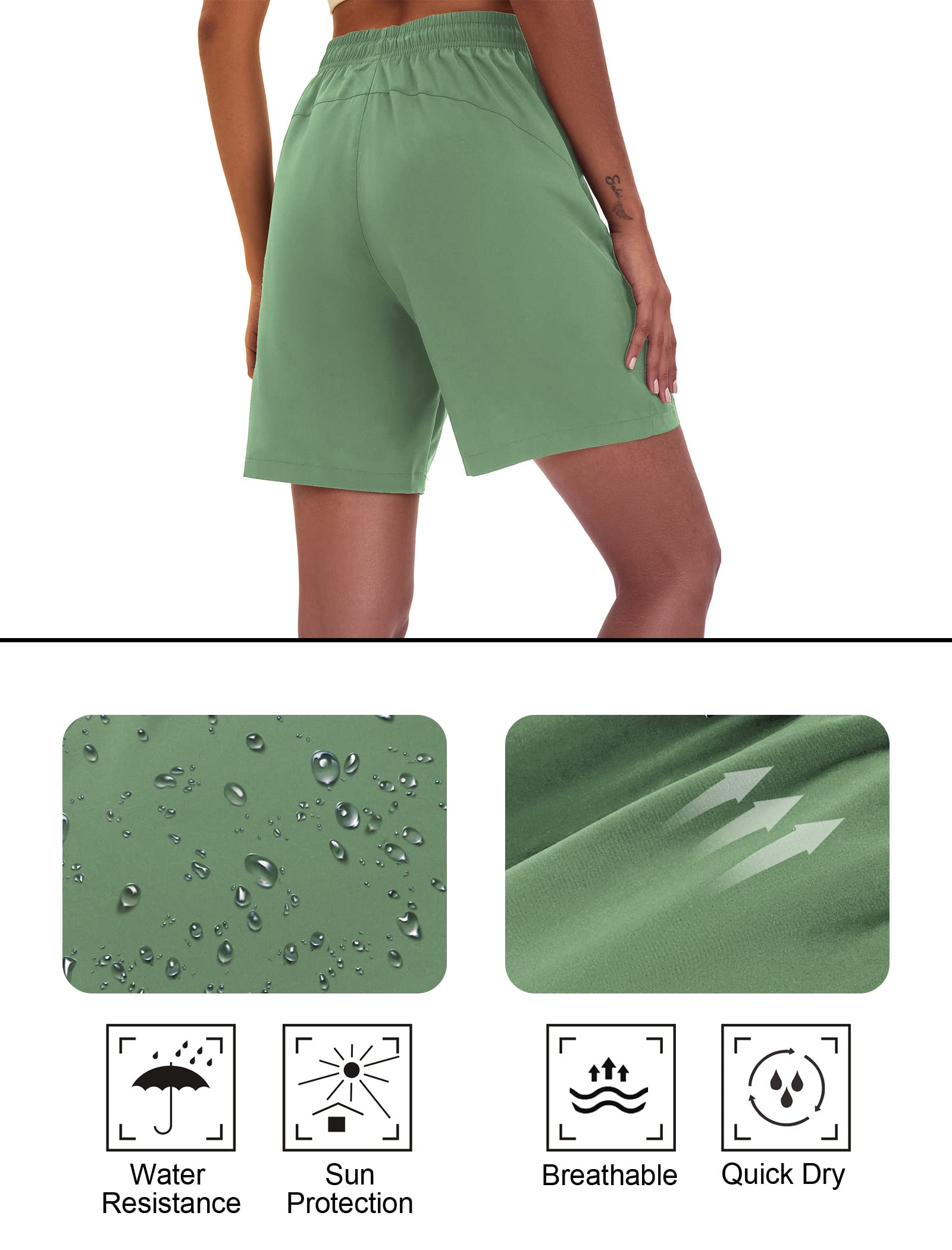 iChunhua Womens 7 Inch Inseam Athletic Shorts Water Resistant Quick Dry for Walking Travel Athletic Golf Bean Green L