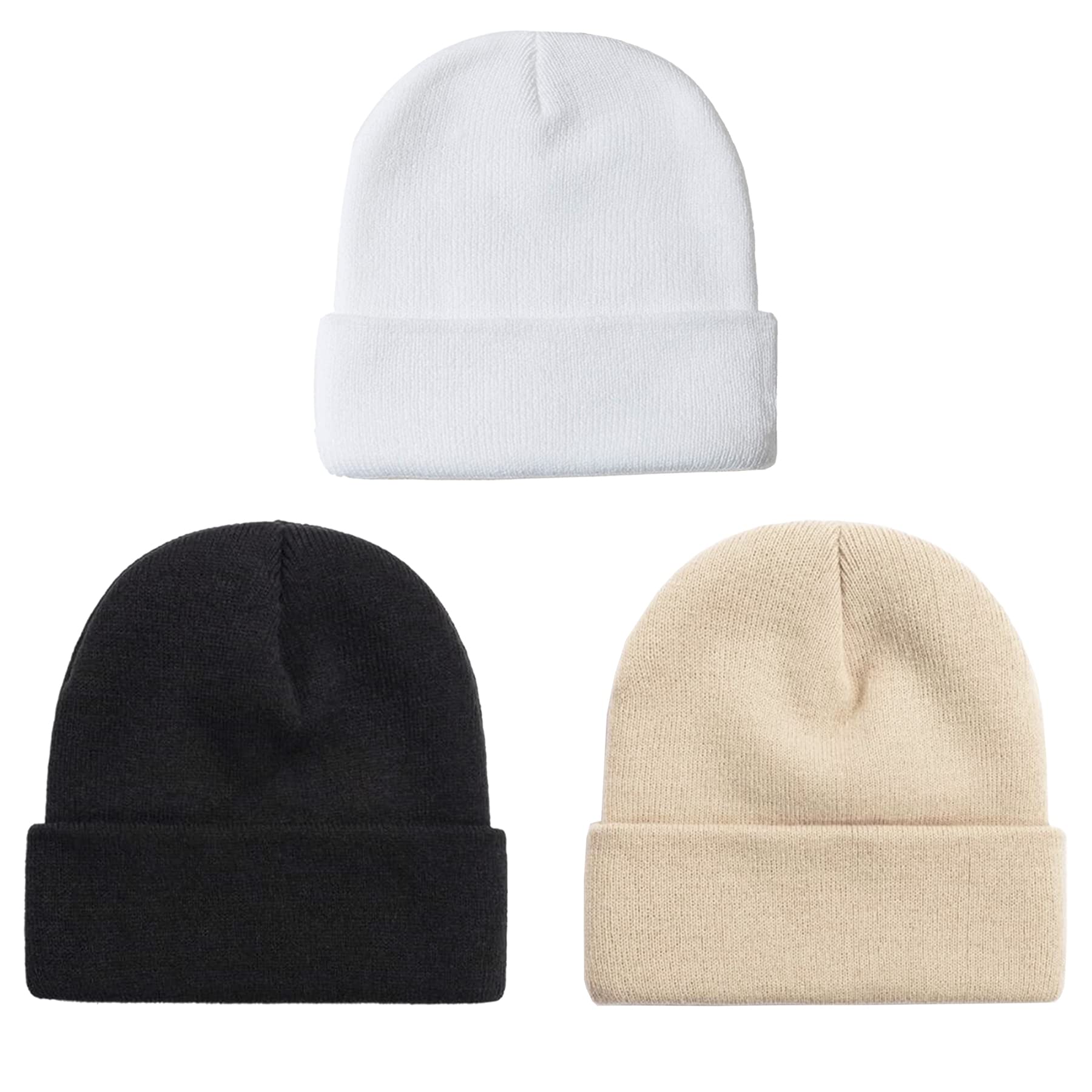 NPQQUAN 3 Packs Unisex Beanie Hats for Men Women Winter Knit Beanies Black+White+DarkBeige