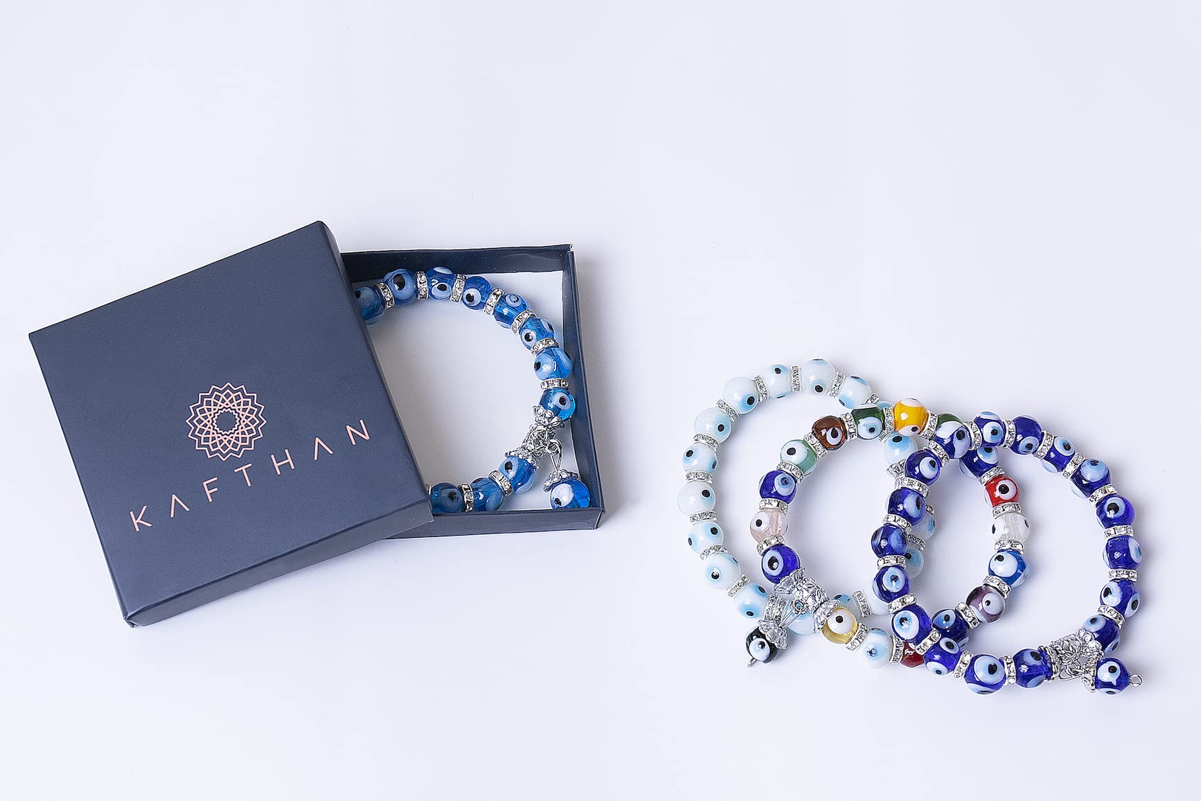 Kafthan - Stretchable White Turkish Evil Eye Beaded Bracelet Men & Women - Nazar Bracelet - Good Luck Bracelets - Glass Greek Beaded Evil Eye Bracelet - Protection Bracelet.