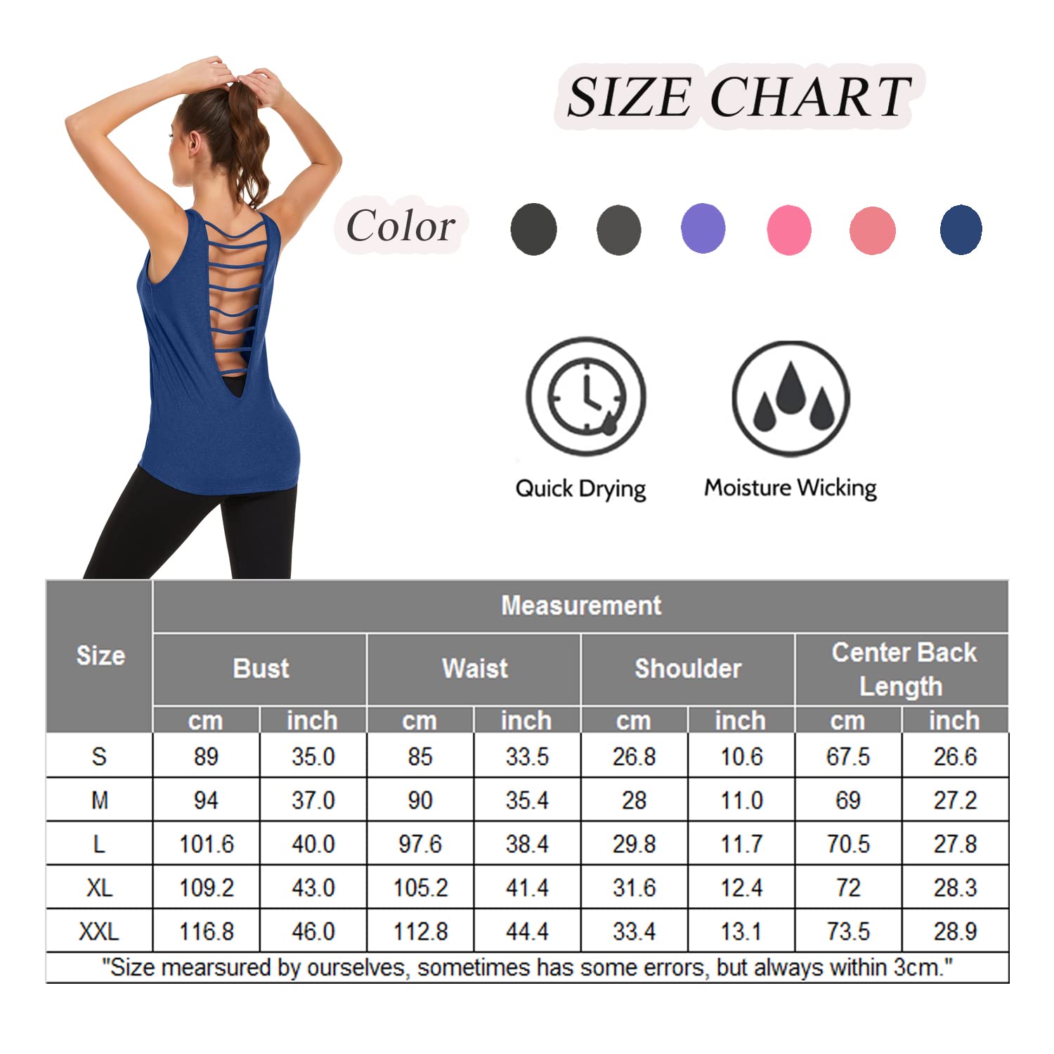 PINSPARK Sleeveless Workout Tank Tops for Women Backless Yoga Shirts Open Back Shirts Dark Blue Small