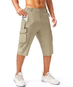 pudolla men's capri pants quick dry 3/4 long shorts with 6 pockets for workout athletic golf hiking(khaki large)