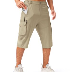 Pudolla Men's Capri Pants Quick Dry 3/4 Long Shorts with 6 Pockets for Workout Athletic Golf Hiking(Khaki Large)