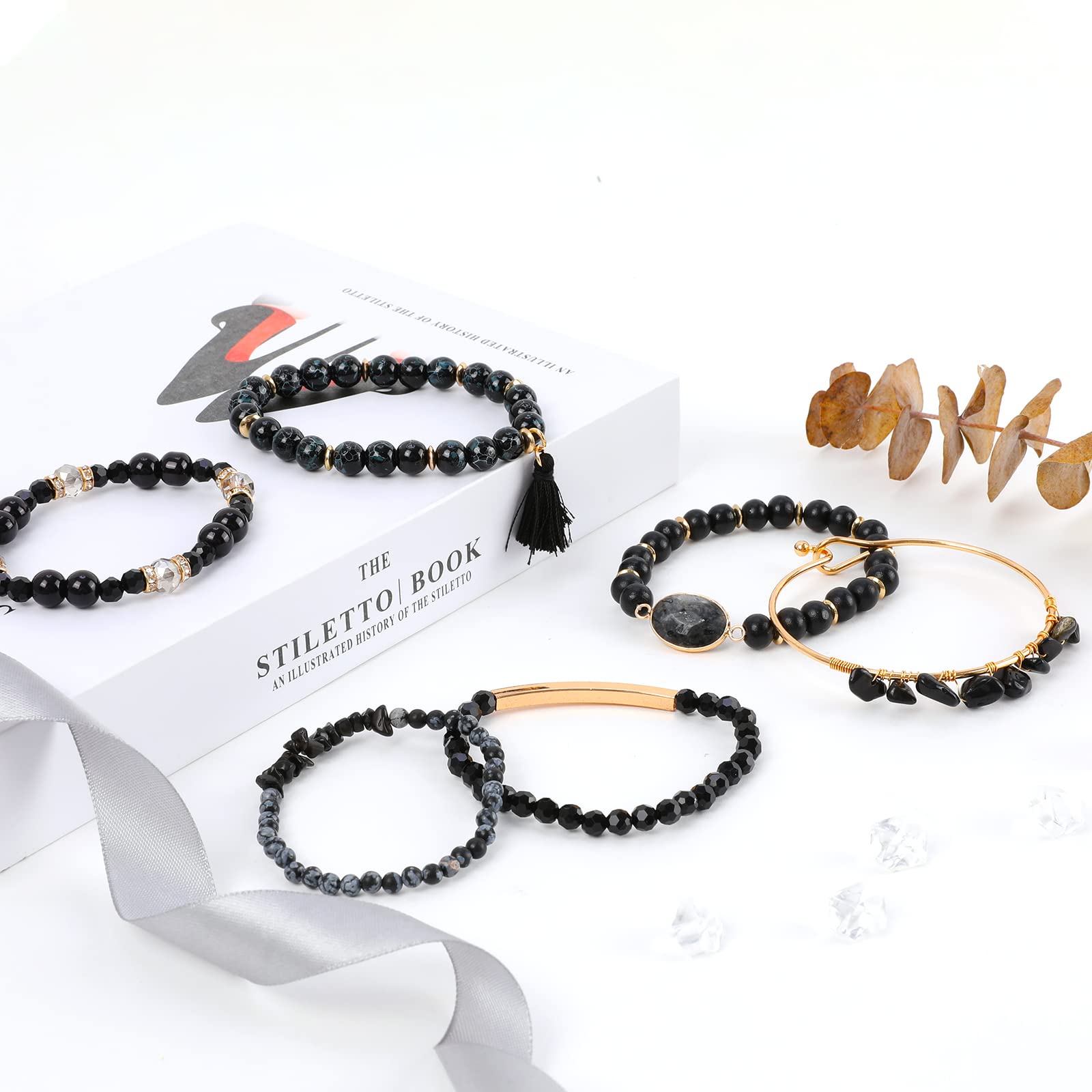 Bohemian Black Stone Beaded Bracelet Sets for Women Stackable Natural Stones Stretch Bracelets with Charm and Tassel, Multilayered Beads Bracelets with Gold Bangle Boho Jewelry, Black Snowflake Stone