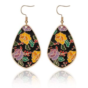 bohemian drop flower earrings for women colorful floral pattern epoxy resin tie dye lightweight elegant vintage teardrop dangle earrings boho statement earrings jewelry gift for her, black