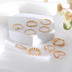 KOHOTA 10PCS 14K Gold Plated Rings for Women Gold Stackable Knuckle Rings Set Cute Dainty Silver Stacking Band Ring Pack Simple Heart Zirconia Wedding Promise Eternity Rings Size 5-12