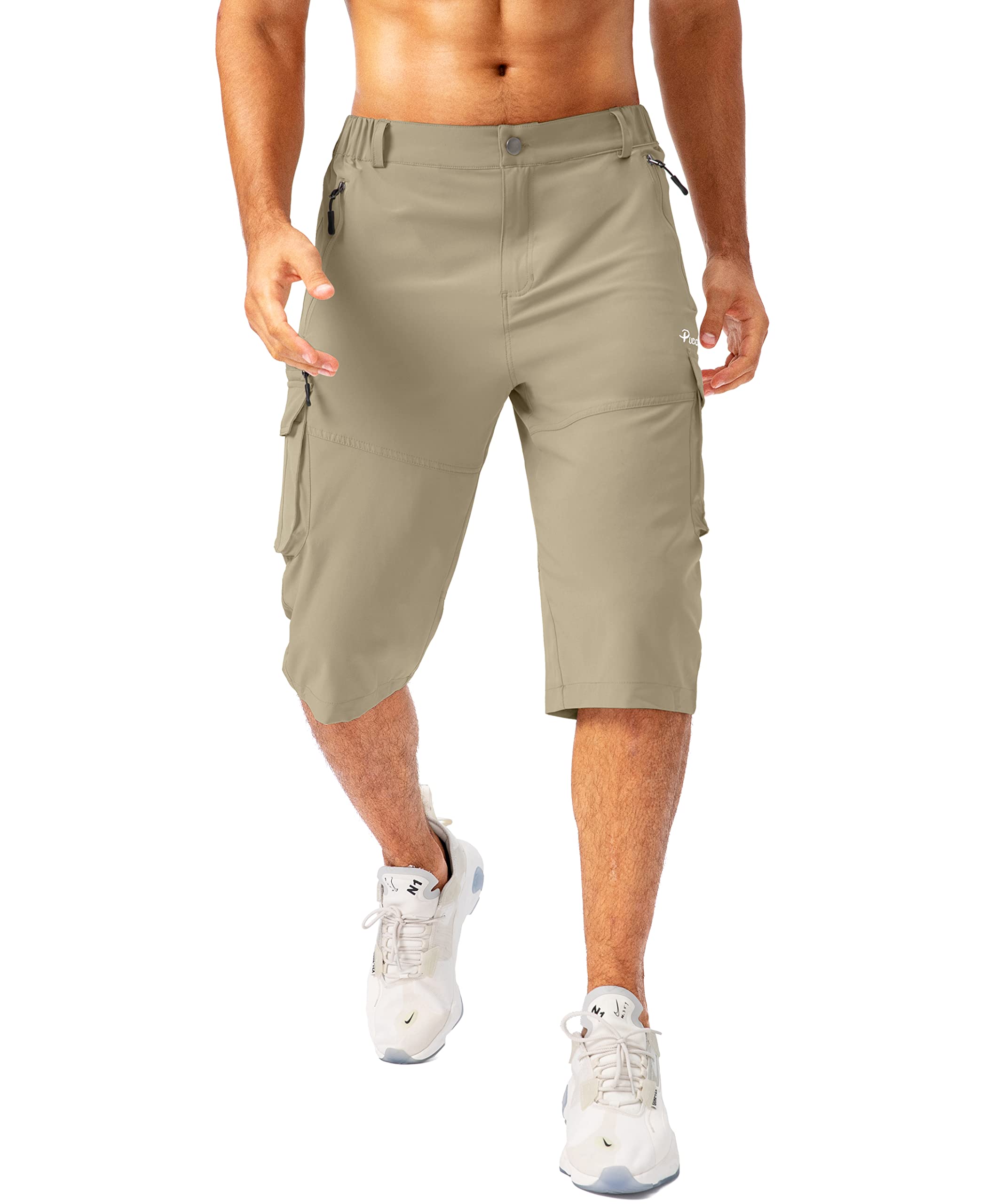 Pudolla Men's Capri Pants Quick Dry 3/4 Long Shorts with 6 Pockets for Workout Athletic Golf Hiking(Khaki Large)