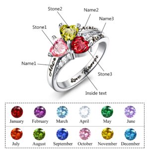 Jewenova S925 Sterling Silver 3 Birthstones Ring with Name Custom Mom Ring with Birthstone Personalized Gift for Mother Grandmother