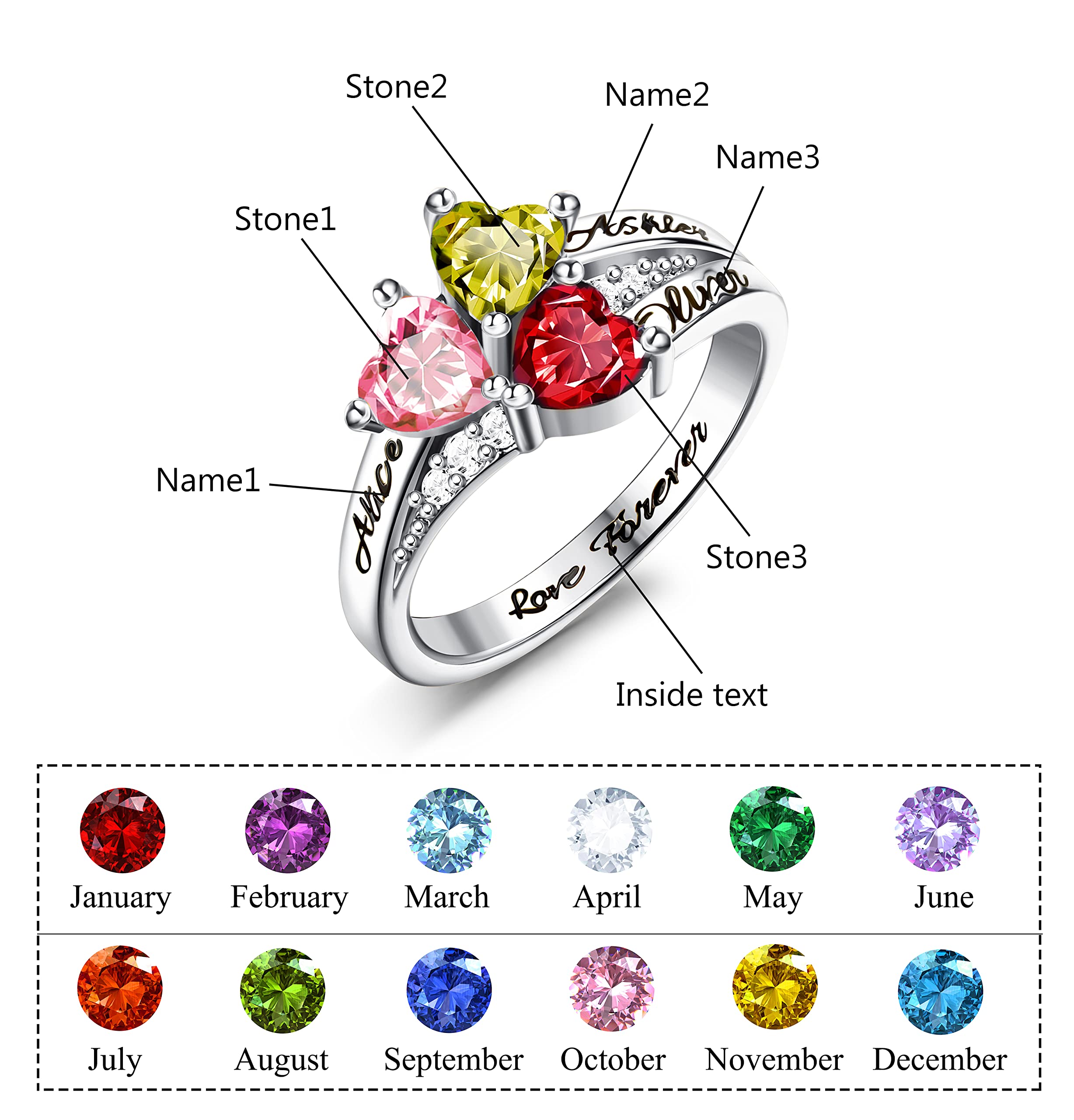 Jewenova S925 Sterling Silver 3 Birthstones Ring with Name Custom Mom Ring with Birthstone Personalized Gift for Mother Grandmother