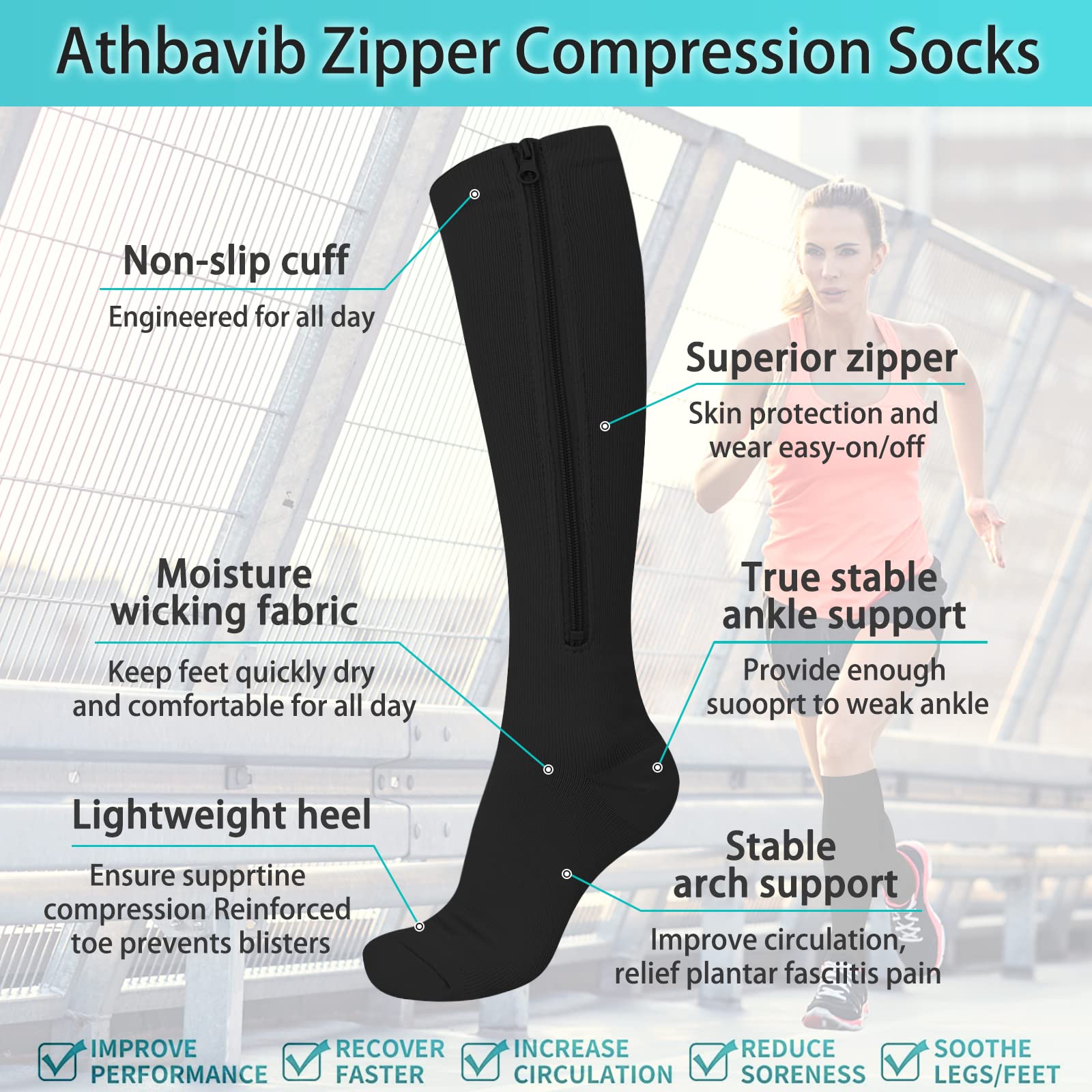 2 Pairs Zipper Compression Socks, 15-20 mmHg Closed Toe Compression Stocking with Zipper for Women and Men