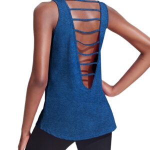 PINSPARK Sleeveless Workout Tank Tops for Women Backless Yoga Shirts Open Back Shirts Dark Blue Small