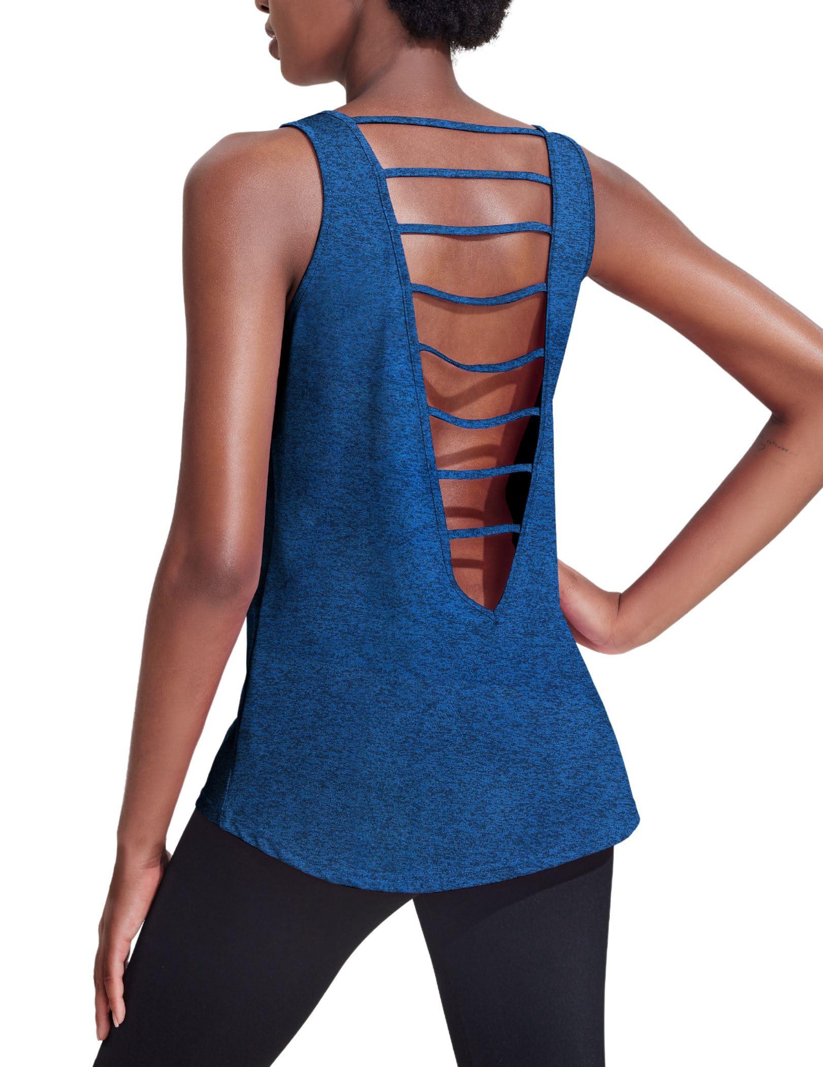 PINSPARK Sleeveless Workout Tank Tops for Women Backless Yoga Shirts Open Back Shirts Dark Blue Small