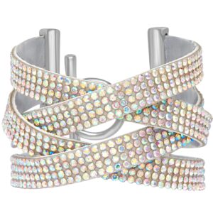 Badgley Mischka Women's Bracelet - Layered Multi Strand Crystal Crossover Toggle Open Cuff Bangle Bracelet, Rainbow Rhinestone