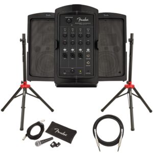 fender passport conference s2 portable pa system bundle with microphone, compact speaker stands, xlr cable, and instrument cable