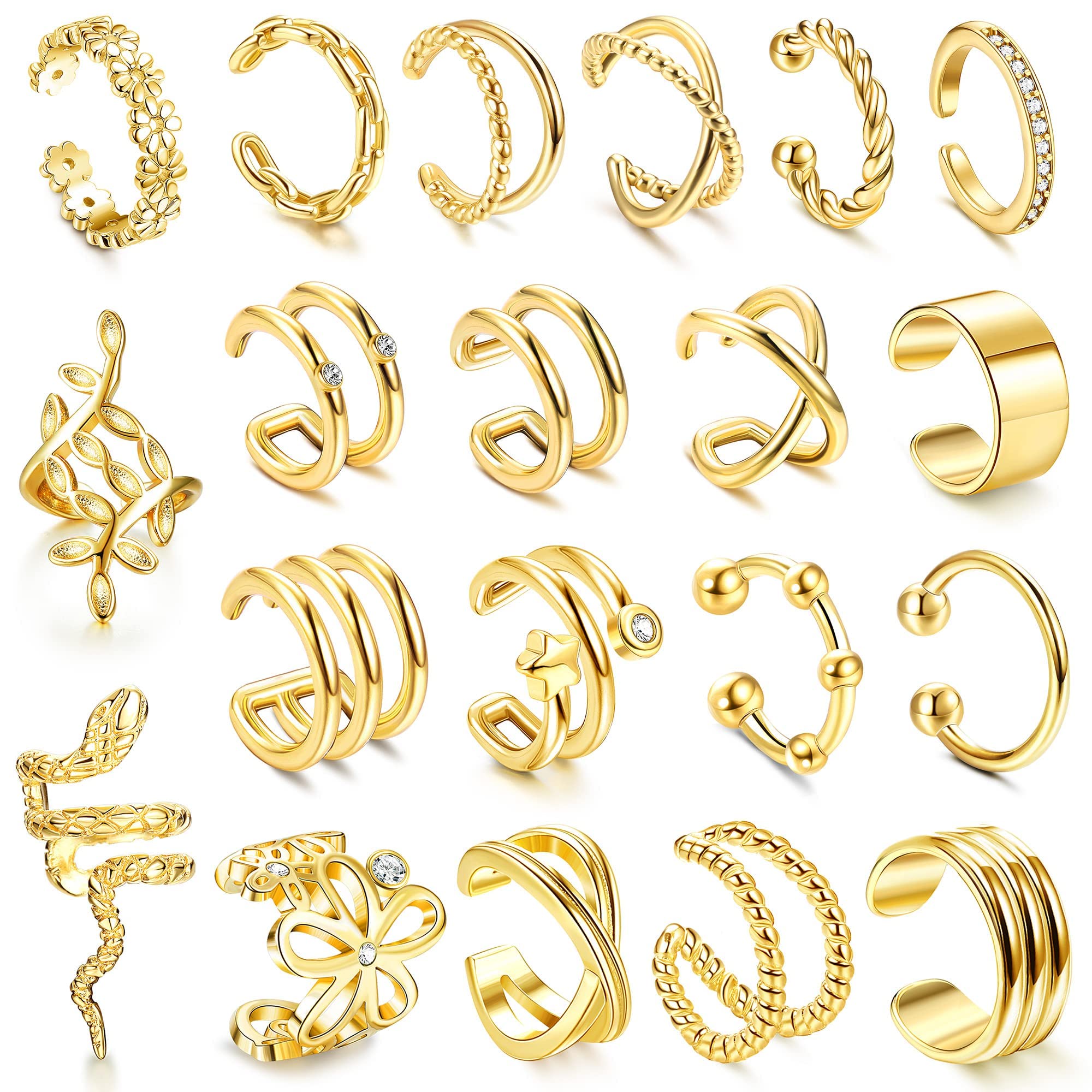 JeryWe 20Pcs Single Ear Cuffs Earrings For Women Non Piercing Ear Cuff Gold Flower Cz Helix Cartilage Cuff Earrings Clip On Wrap Earrings For Women