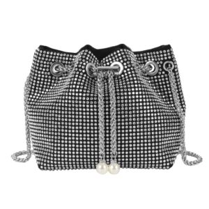 hyuyikuwol women rhinestones crystal clutch drawstring bucket bag mini evening bags crossbody purses pearl party prom wedding, silver