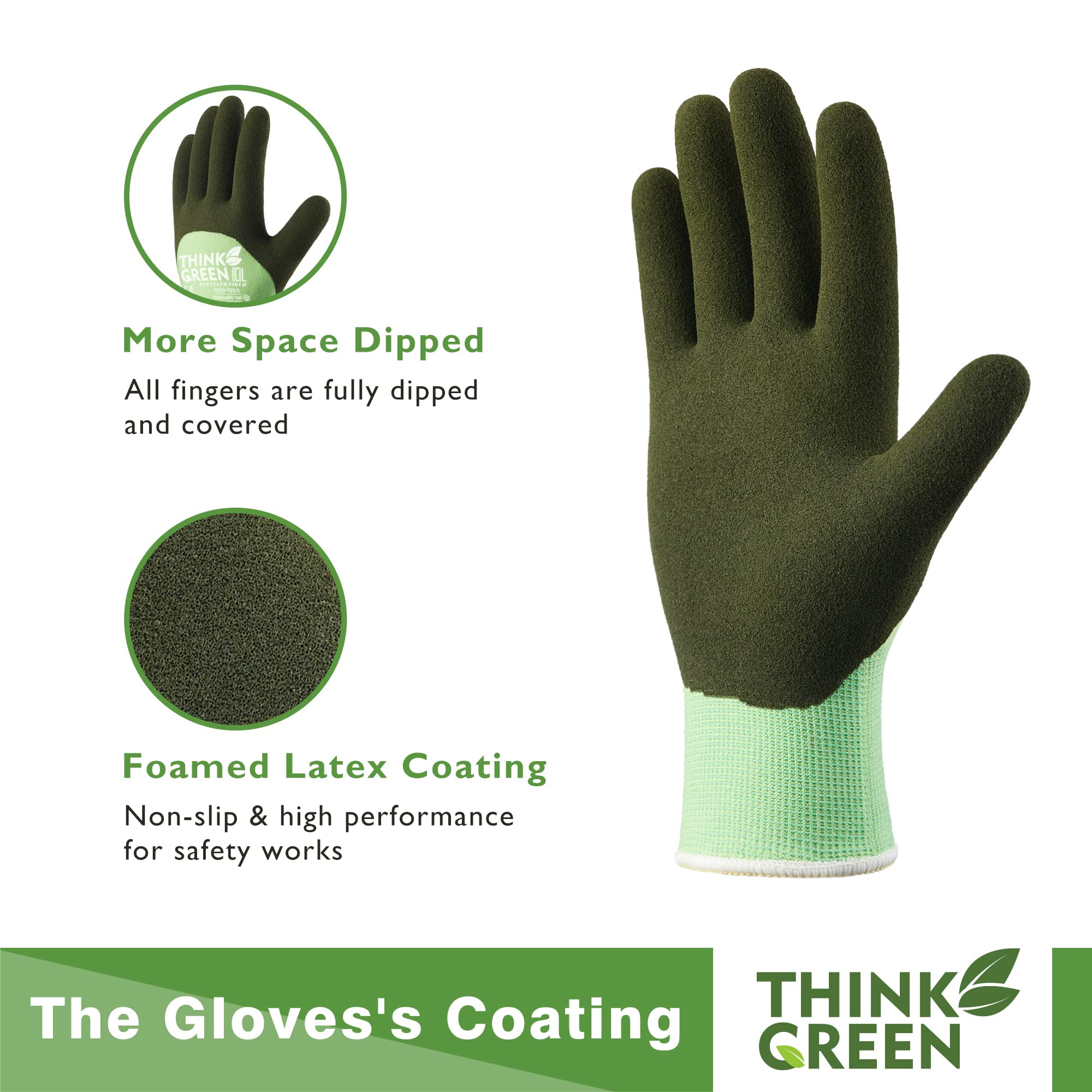 COOLJOB Fleece Lined Winter Work Gloves, Thermal Warm Freezer Gloves, 100% Recycled Polyester Base, Cold Weather Gloves with Non Slip Grip, Thick Windproof Gloves, 1 Pair, Small, Green