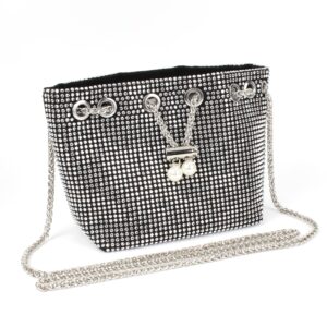 Hyuyikuwol Women Rhinestones Crystal Clutch Drawstring Bucket Bag Mini Evening Bags Crossbody Purses Pearl Party Prom Wedding, Silver