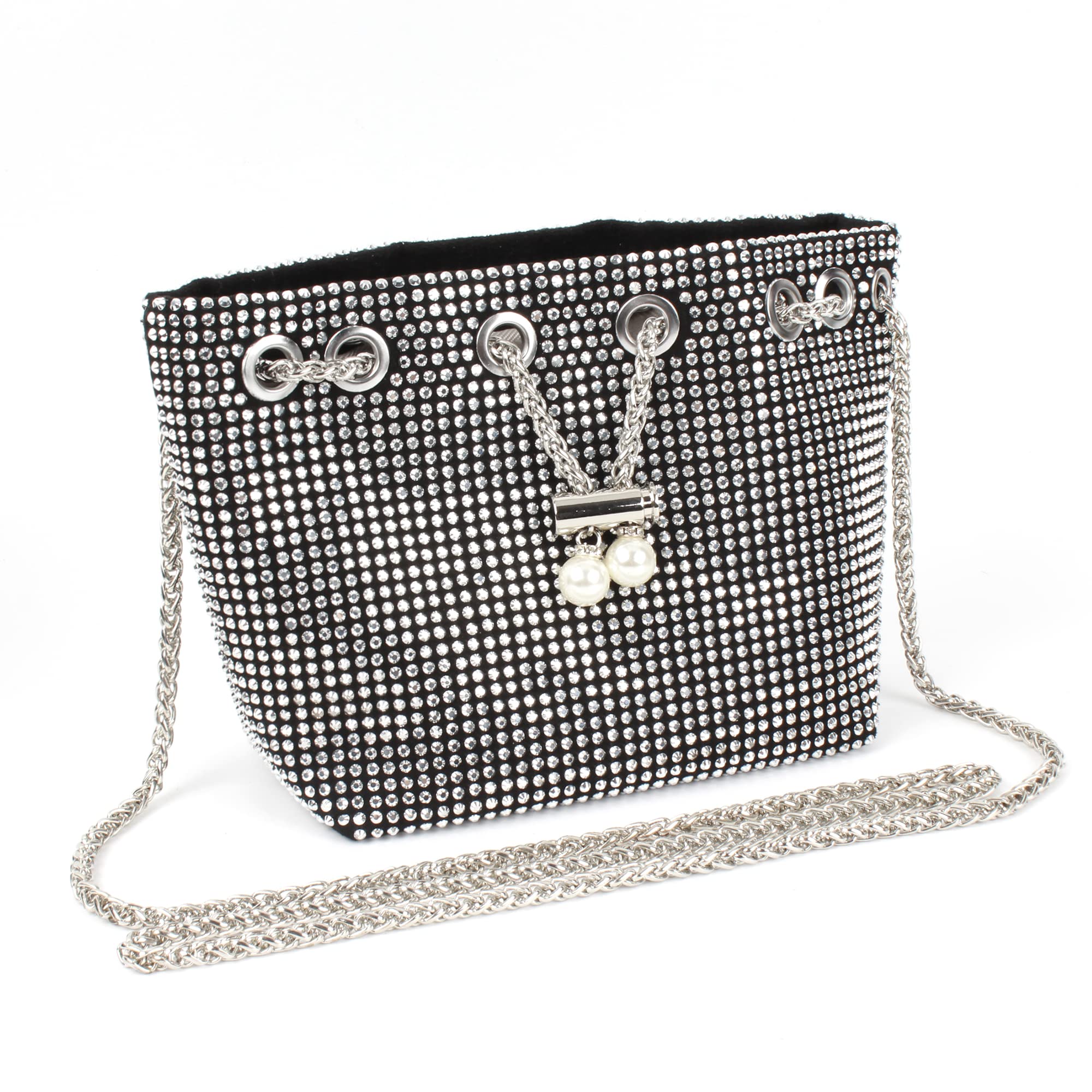 Hyuyikuwol Women Rhinestones Crystal Clutch Drawstring Bucket Bag Mini Evening Bags Crossbody Purses Pearl Party Prom Wedding, Silver