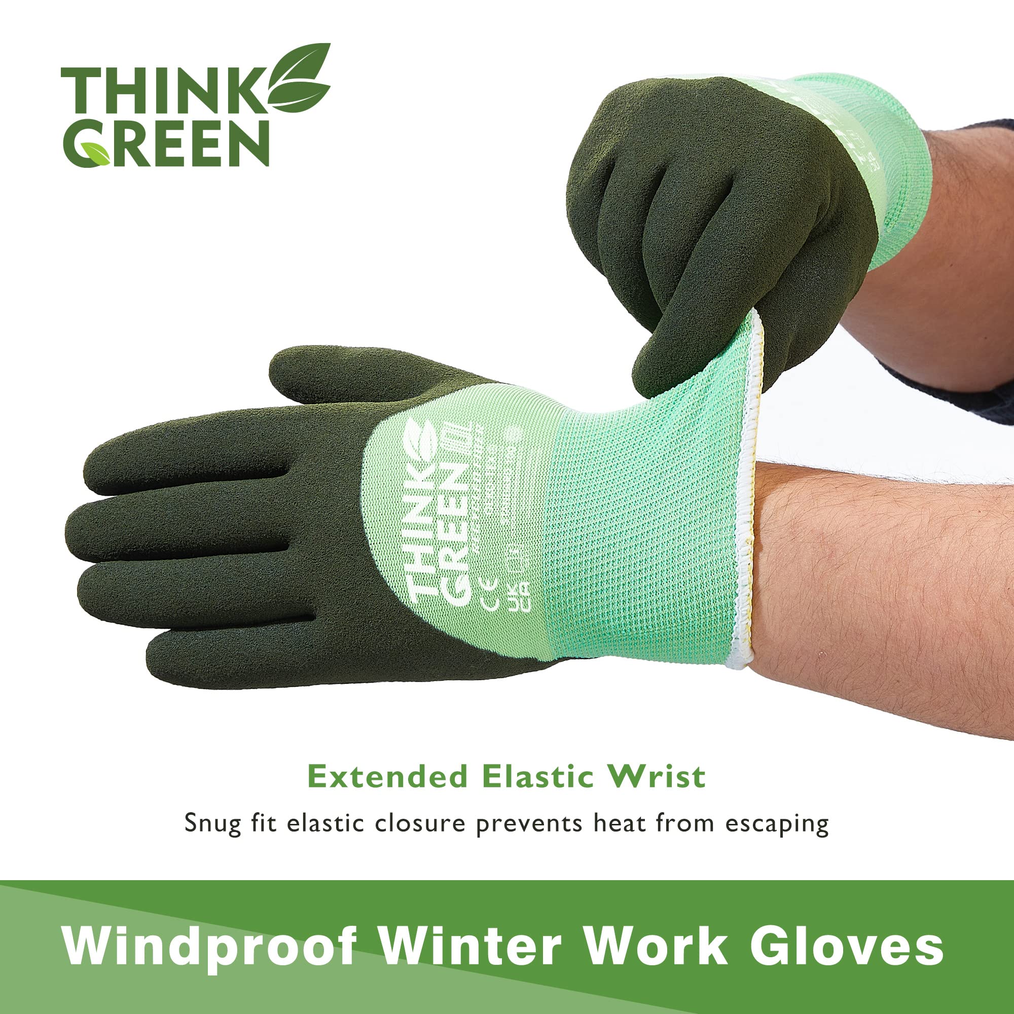 COOLJOB Fleece Lined Winter Work Gloves, Thermal Warm Freezer Gloves, 100% Recycled Polyester Base, Cold Weather Gloves with Non Slip Grip, Thick Windproof Gloves, 1 Pair, Small, Green